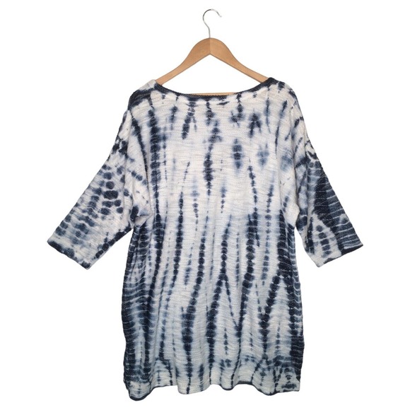 New XCVI Top Womens L Tie Dye Tunic Boho V Neck Short Sleeve Textured Knit Blue - Picture 2 of 14